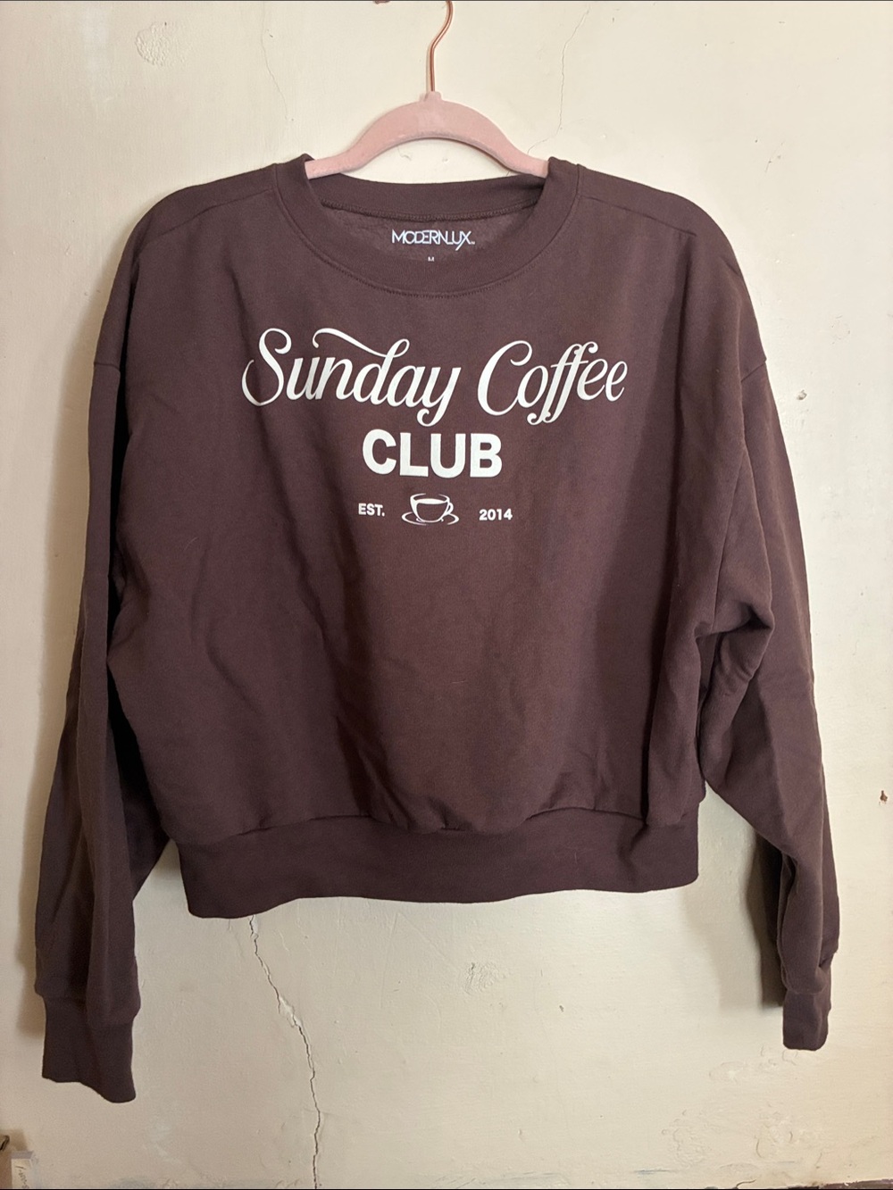 Modern Lux Brown Crop Sweatshirt with “Sunday Coffee Club" Print